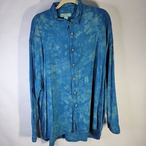 Mens Tommy Bahama 100% Silk Long sleeve Button Front Denim Blue Tie Dye Size XXL